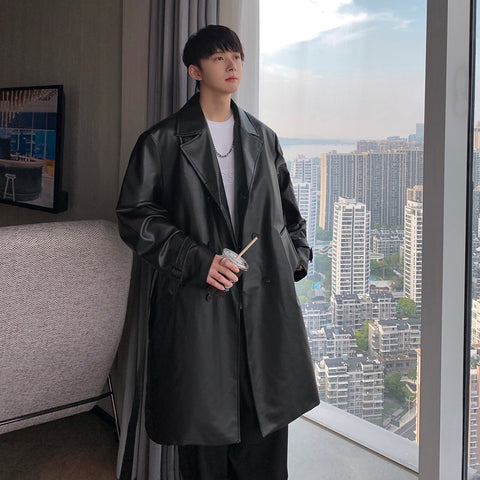 Faux Leather Trench Coat Men Drop Shoulder Belt Faux-MF01376-Veeddydropshipping