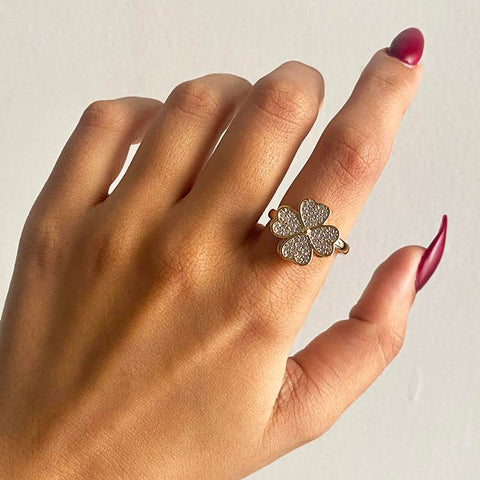 Zircon Rotatable Four Leaf Clover Rings For Women -JW00033-Veeddydropshipping