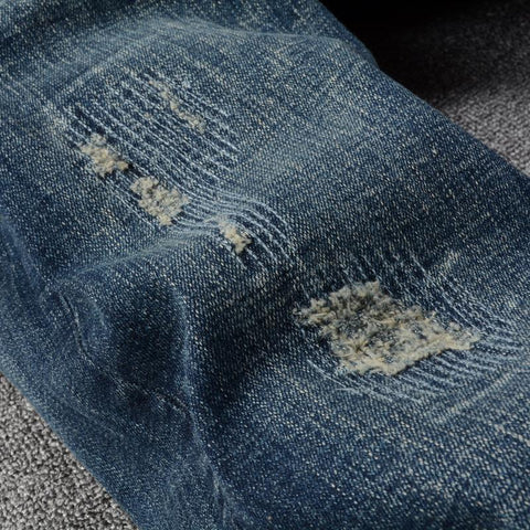 High Quality Retro Dark Blue Elastic Slim Fit Ripped Jeans-MF00681-Veeddydropshipping