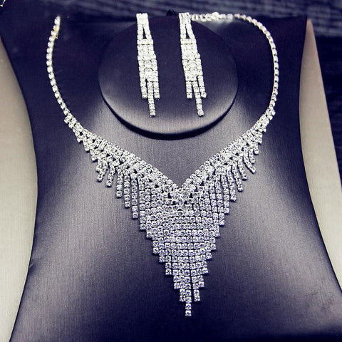 Shine Geometric Rhinestone Necklace Earrings Tassel Jewelry Sets  -JW00298-Veeddydropshipping