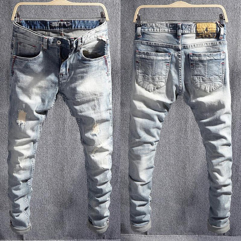 Jeans Retro Light Blue Stretch Slim Fit Ripped Jeans-MF00480-Veeddydropshipping