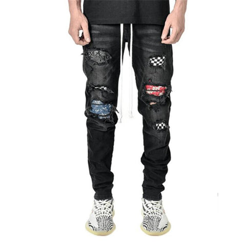 Jeans Fashion Grid Beggar Patches Slim Fit Stretch-MF00631-Veeddydropshipping