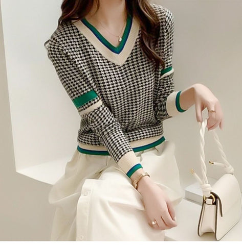 V-neck Houndstooth Casual Fashion Sweater-WF00094-Veeddydropshipping