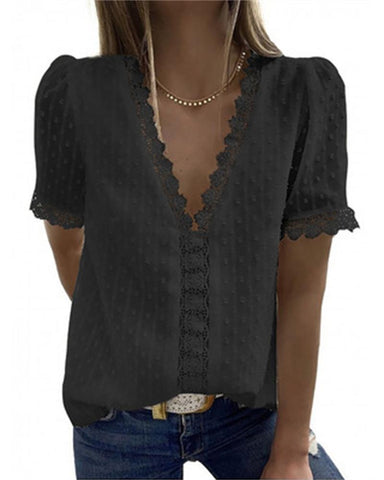 Chiffon Embroidery Lace Short Sleeve Shirt Women-Veeddydropshipping