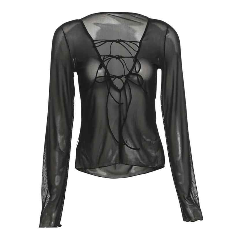 Sexy Women Transparent Mesh Tops Long Sleeve V Neck T-shirt-Veeddydropshipping