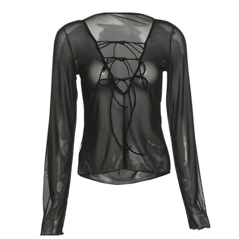 Sexy Women Transparent Mesh Tops Long Sleeve V Neck T-shirt-Veeddydropshipping