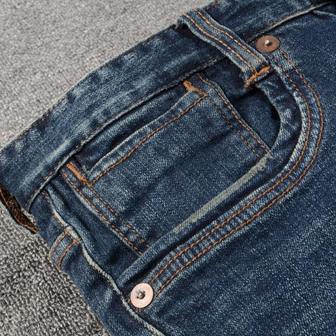 High Quality Retro Dark Blue Elastic Slim Fit Ripped Jeans-MF00681-Veeddydropshipping