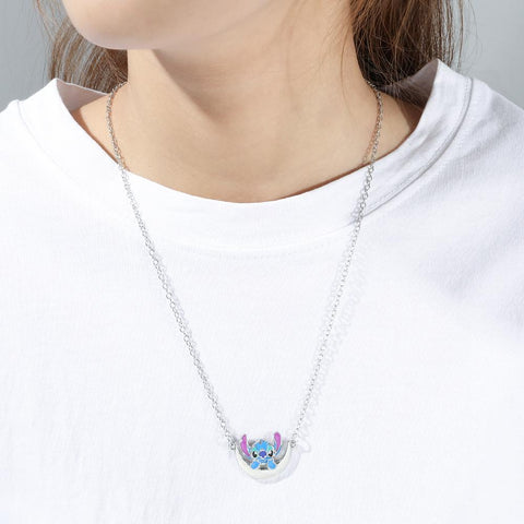 Stitch Necklace Silver Plated Crescent Half Moon Pendant -JW01281-Veeddydropshipping