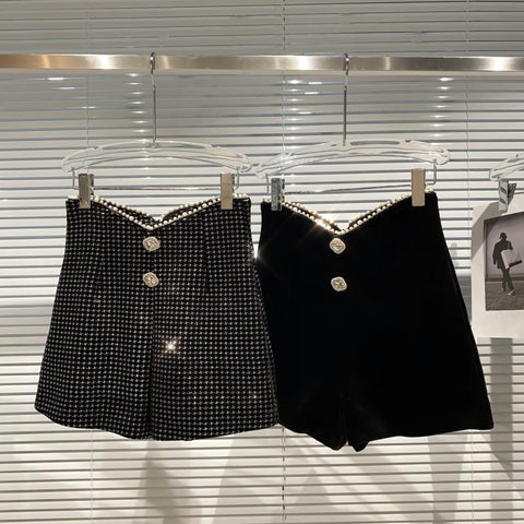 Diamond Button High Waist Casual Velvet Shorts-WF00440-Veeddydropshipping