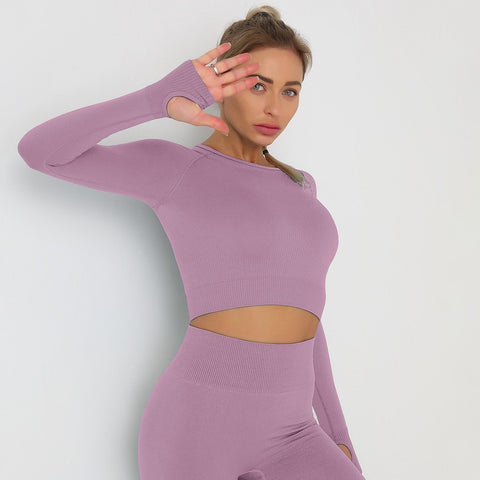 Seamless Athletic Crop Top Woman Sports T-shirts Yoga Top Knitted Shirt Long -OS00793-Veeddydropshipping