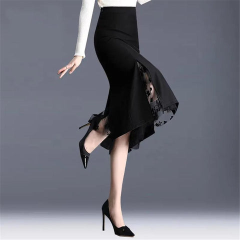 Irregular Mesh Skirt Band Splice High Waist Skirt-WF00391-Veeddydropshipping