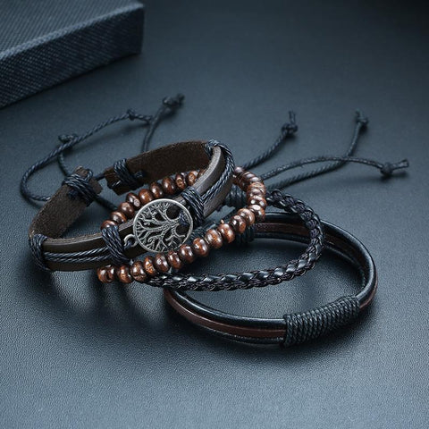 Set Braided Wrap Leather Bracelets Wood Beads Ethnic Tribal Wristbands -JW00254-Veeddydropshipping