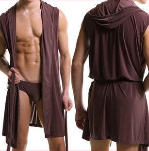 Sleeveless Oversized Silky Male Pajamas Hooded Bathrobe Ultra-thin Homewear-MF01599-Veeddydropshipping