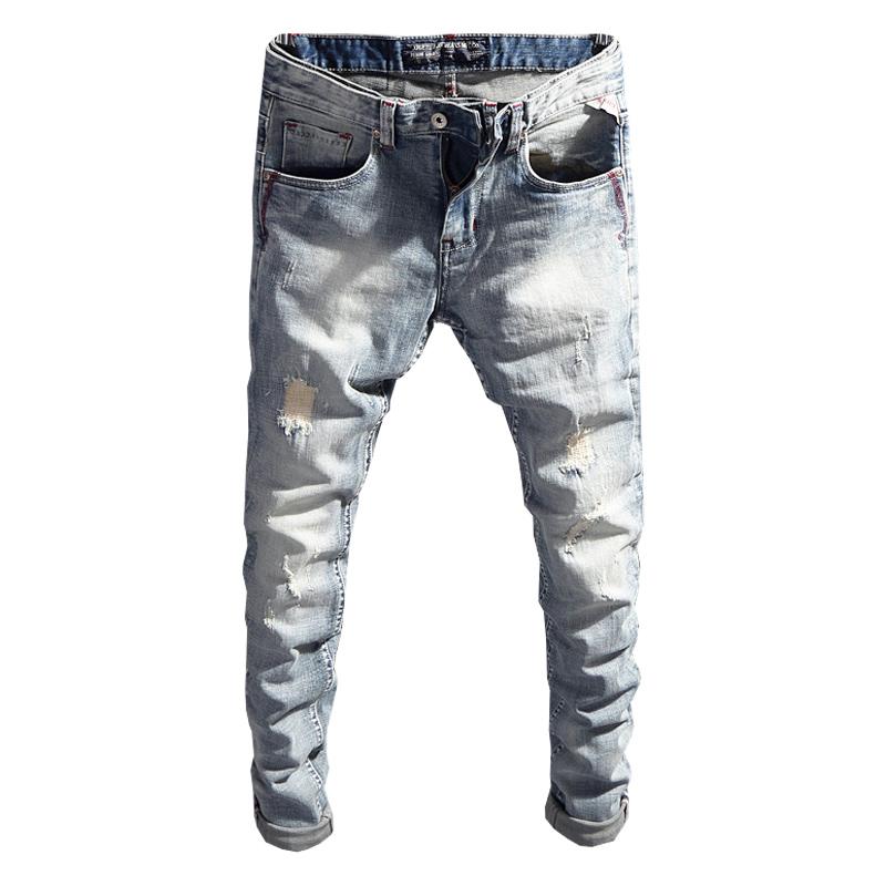 Jeans Retro Light Blue Stretch Slim Fit Ripped Jeans-MF00480-Veeddydropshipping