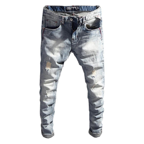 Jeans Retro Light Blue Stretch Slim Fit Ripped Jeans-MF00480-Veeddydropshipping