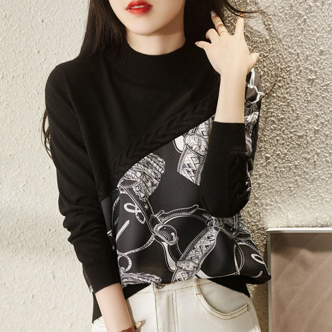 Neck Print Spliced Knitwear Pullovers Threaded Clothing-Veeddydropshipping