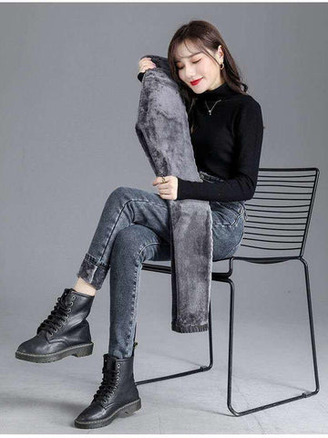 Thick Velvet Women High Waist Skinny Jeans-WF00020-Veeddydropshipping