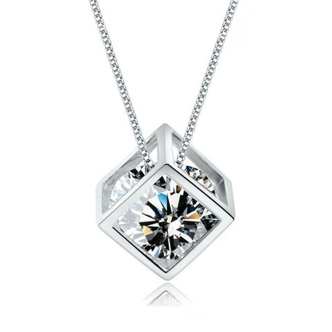 925 Silver Needle Drop Earrings Square Crystal Pendant Necklace -JW01334-Veeddydropshipping
