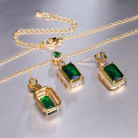 Fashion Bridal Cubic Zircon Green Stone Necklace Earrings Sets -JW00329-Veeddydropshipping