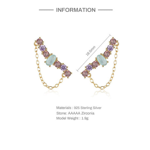 925 Sterling Silver Gold Plating Colorful Zircon Chain Stud Earrings for Women-JW00071-Veeddydropshipping