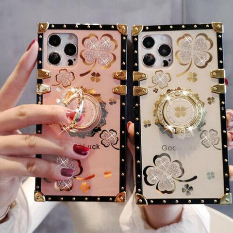 For iPhone 13 14 12 11 XS XR 7 8 Bling Glitter Lucky Flower Square Case + Ring-PA00171-Veeddydropshipping