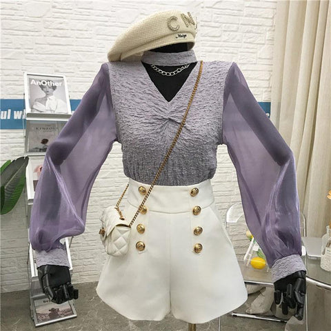 Women High Waist A-Line Wide Leg Shorts-WF00627-Veeddydropshipping