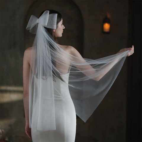 Wedding Bridal Big Bow Short Sheer Veils-WF01439-Veeddydropshipping