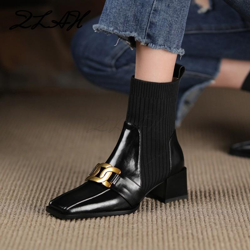 Square Toe Low Heel Ladies Ankle Boots Solid Color Sewing-BS00933-Veeddydropshipping