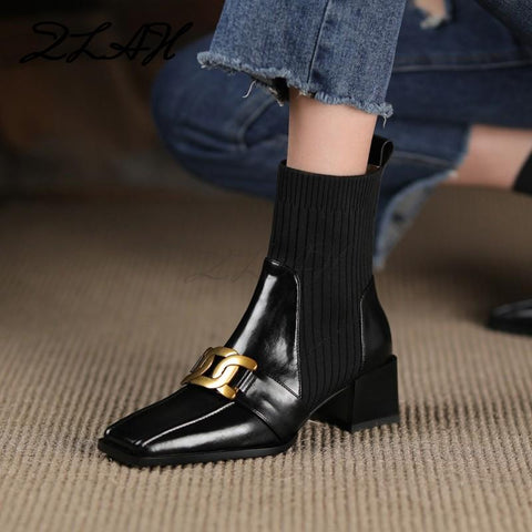 Square Toe Low Heel Ladies Ankle Boots Solid Color Sewing-BS00933-Veeddydropshipping