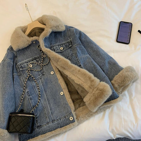 Women Lambskin Denim Coat With Fleece and Fluffy-Veeddydropshipping