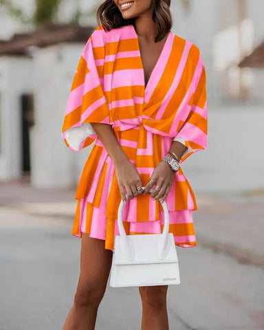 Fashion Printing Sexy V-neck Loose Bat Sleeve Dress-WF00060-Veeddydropshipping