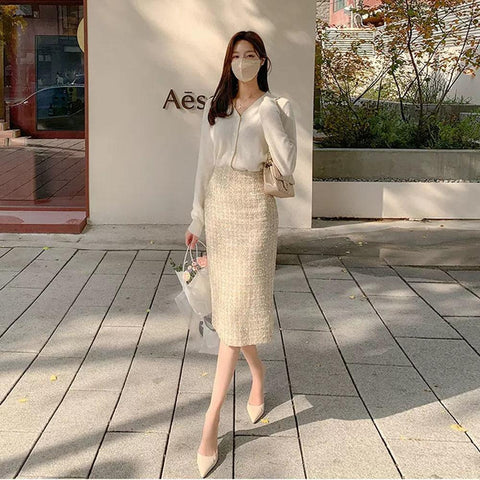 Tweed Skirt Office Lady Mid-length High Waist Skirt-WF00357-Veeddydropshipping