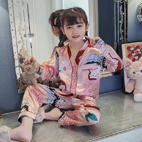 V -neck Kids Pyjamas Set Silk Satin Tops Pant Spring Autumn Childrens-TB01049-Veeddydropshipping