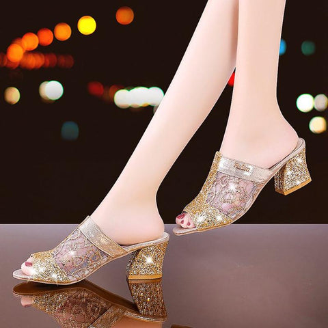 Mouth Sandal Mesh Hollow Slip On Woman High Heel Solid-BS00959-Veeddydropshipping