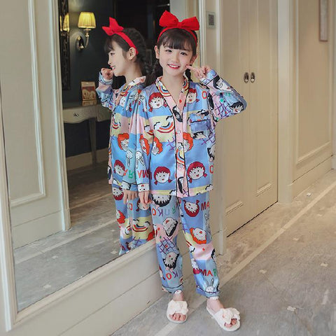 V -neck Kids Pyjamas Set Silk Satin Tops Pant Spring Autumn Childrens-TB01049-Veeddydropshipping