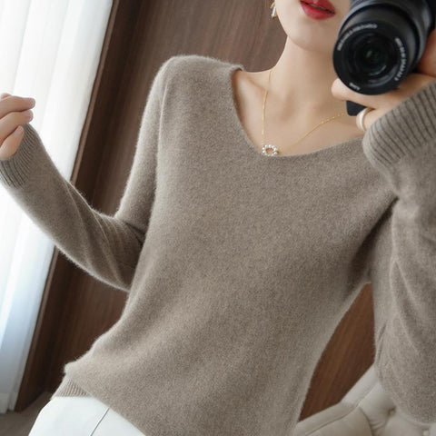 Wool Cashmere Sweater Women V-neck Pullover-WF00064-Veeddydropshipping