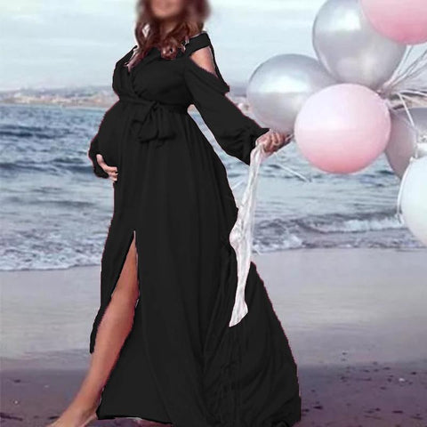 Sexy Split Front Maternity Photoshoot Dress Long Deep V neck Pregnant-TB00621-Veeddydropshipping