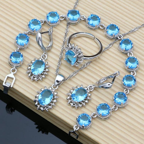 Silver 925 Jewelry Sets for Women Natural Blue Sapphire Stone -JW00049-Veeddydropshipping