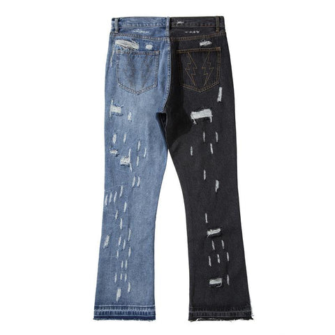 Block Patchwork Hole Ripped Men Flare Jeans Trousers Hip Hop-MF00565-Veeddydropshipping