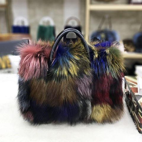 Silver Fox Fur Handbags Genuine Cowhide Hard Handle Big Handbag Full-pelt-BS00056-Veeddydropshipping