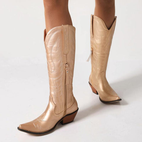 Shiny Embroidery Zipper White Knee High Boots Casual-BS01062-Veeddydropshipping