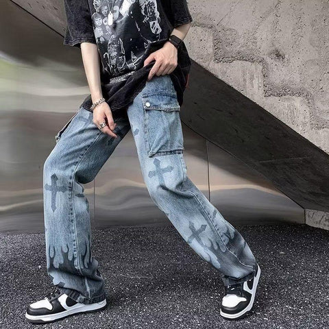 cross print washed jeans men ins trend retro loose-MF00575-Veeddydropshipping