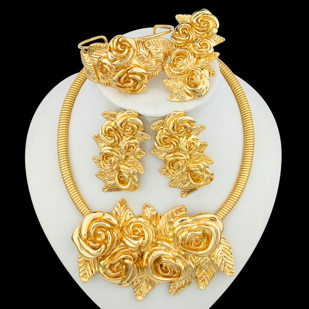 Gold Plated  Large Necklace Weddings Bridal Jewelry Set -JW00304-Veeddydropshipping