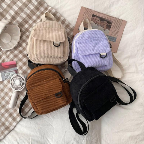 Solid Color Corduroy Small Backpacks Simple Casual Student-BS00245-Veeddydropshipping