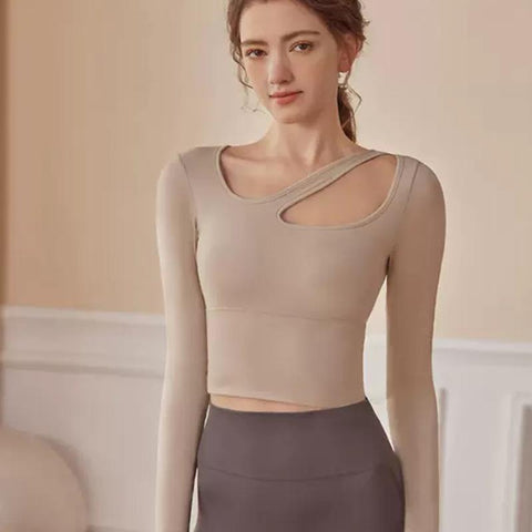 Sexy Women Yoga Shirts With Chest Pads Long Sleeve Crossover Crop Tops -OS00756-Veeddydropshipping