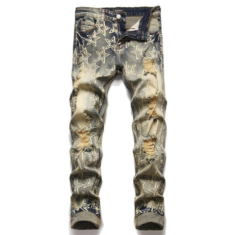 Ripped Jeans Male Scraped Off 3D Star Print Soft Casual-MF00573-Veeddydropshipping