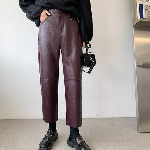 Black Leather Pants High Waist Straight Women Pants-WF00077-Veeddydropshipping