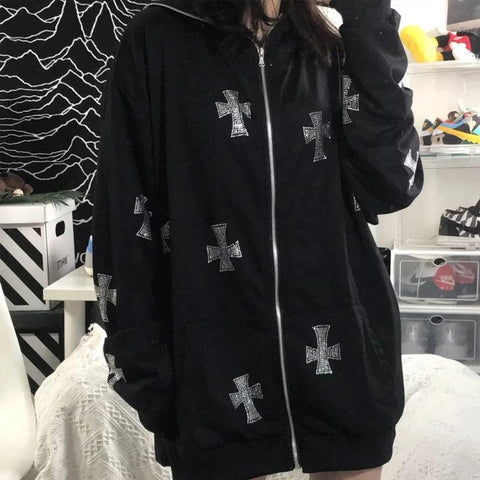 European Loose Top Cross Ironing Zipper Hooded Sweater-WF00059-Veeddydropshipping