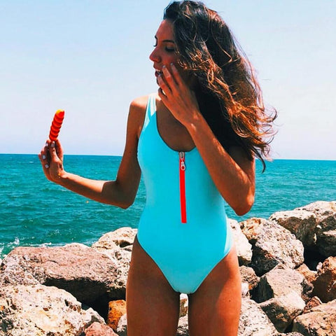 2023 New Sexy Zipper One Piece Swimsuit Women Solid Swimwear Bodysuit Swimsuit-OS00227-Veeddydropshipping