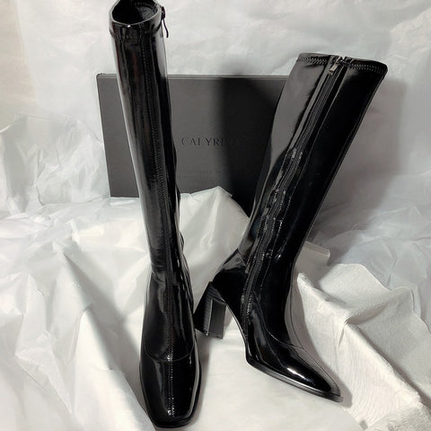 Quality Leather Patent Leather Ladies Zip Knight Boots-BS00934-Veeddydropshipping